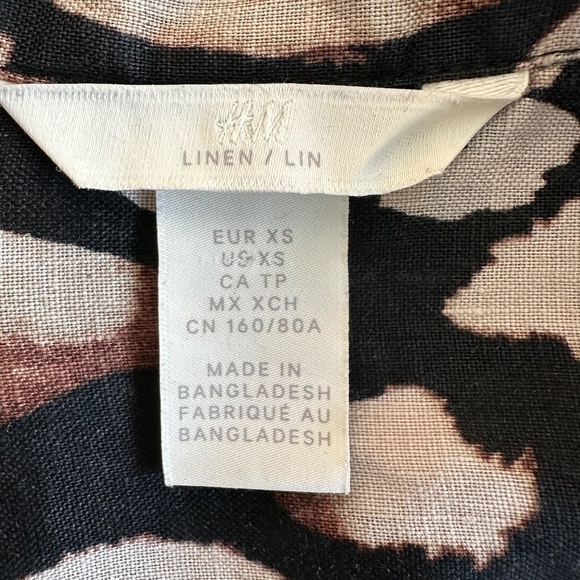 H&M XS Linen Oversized Leopard Buttoned Long Sleeve Shirt Hi low Hem Brown/Black - Picture 4 of 16